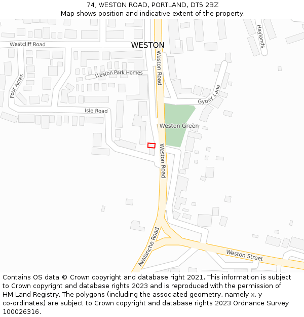 74, WESTON ROAD, PORTLAND, DT5 2BZ: Location map and indicative extent of plot