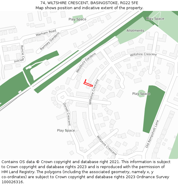 74, WILTSHIRE CRESCENT, BASINGSTOKE, RG22 5FE: Location map and indicative extent of plot