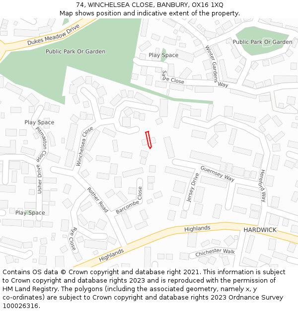 74, WINCHELSEA CLOSE, BANBURY, OX16 1XQ: Location map and indicative extent of plot