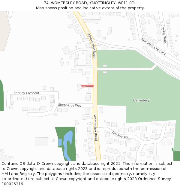 74, WOMERSLEY ROAD, KNOTTINGLEY, WF11 0DL: Location map and indicative extent of plot