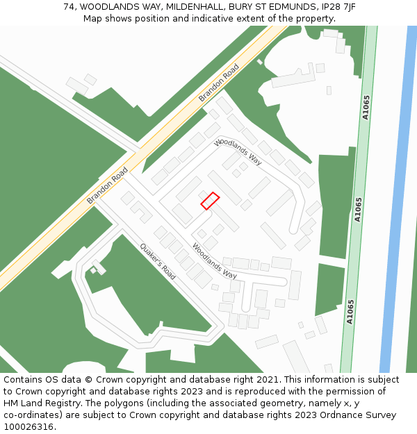 74, WOODLANDS WAY, MILDENHALL, BURY ST EDMUNDS, IP28 7JF: Location map and indicative extent of plot