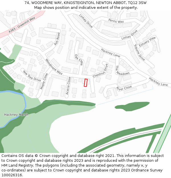 74, WOODMERE WAY, KINGSTEIGNTON, NEWTON ABBOT, TQ12 3SW: Location map and indicative extent of plot