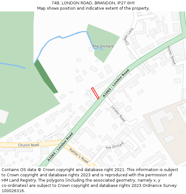 74B, LONDON ROAD, BRANDON, IP27 0HY: Location map and indicative extent of plot