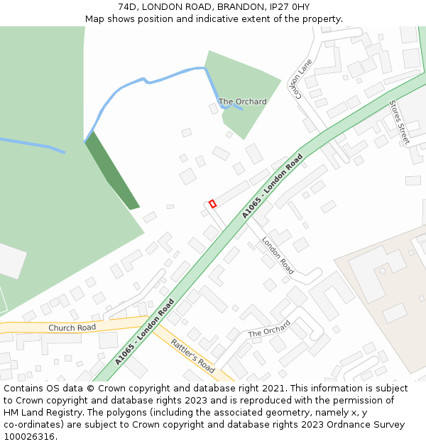 74D, LONDON ROAD, BRANDON, IP27 0HY: Location map and indicative extent of plot