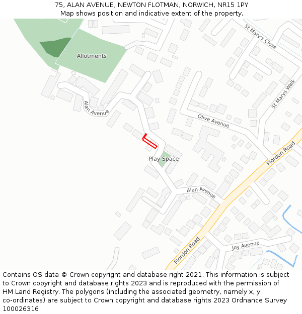 75, ALAN AVENUE, NEWTON FLOTMAN, NORWICH, NR15 1PY: Location map and indicative extent of plot