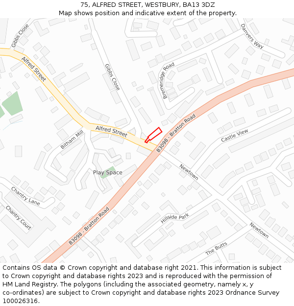 75, ALFRED STREET, WESTBURY, BA13 3DZ: Location map and indicative extent of plot