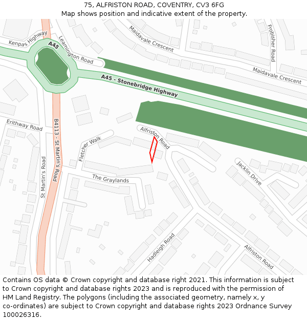 75, ALFRISTON ROAD, COVENTRY, CV3 6FG: Location map and indicative extent of plot