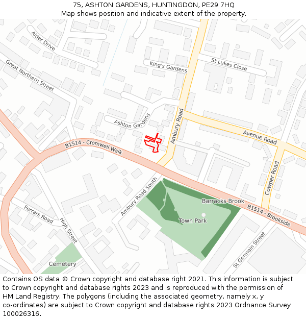 75, ASHTON GARDENS, HUNTINGDON, PE29 7HQ: Location map and indicative extent of plot