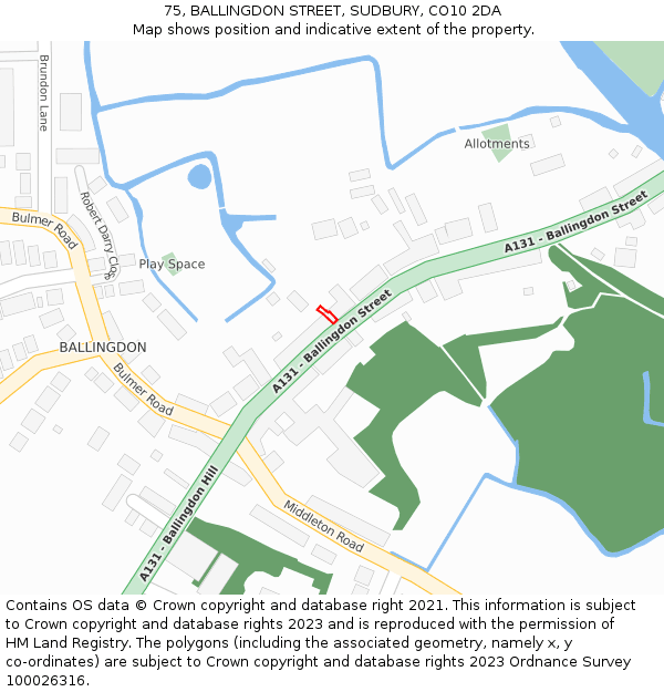 75, BALLINGDON STREET, SUDBURY, CO10 2DA: Location map and indicative extent of plot