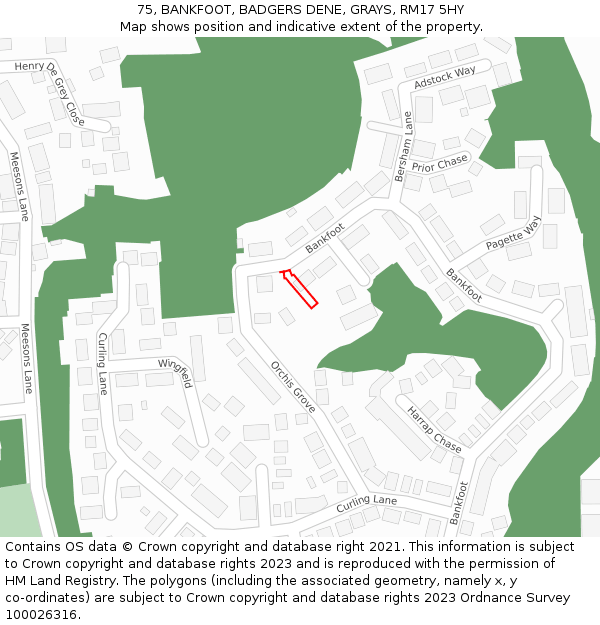 75, BANKFOOT, BADGERS DENE, GRAYS, RM17 5HY: Location map and indicative extent of plot