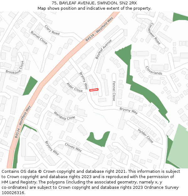 75, BAYLEAF AVENUE, SWINDON, SN2 2RX: Location map and indicative extent of plot