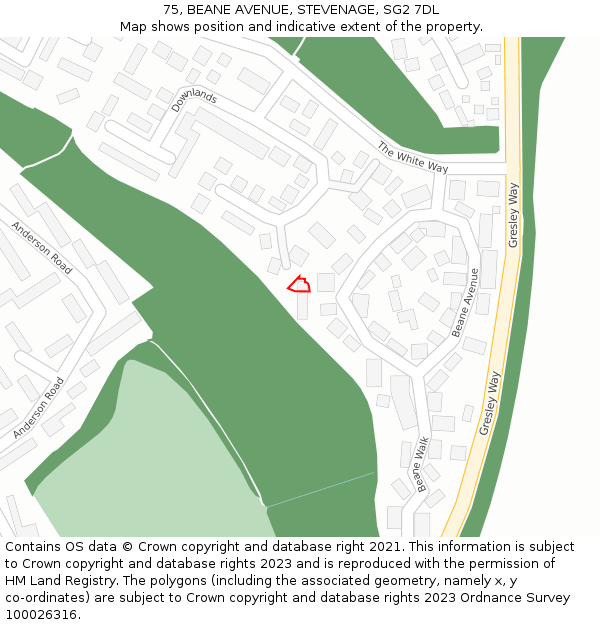 75, BEANE AVENUE, STEVENAGE, SG2 7DL: Location map and indicative extent of plot