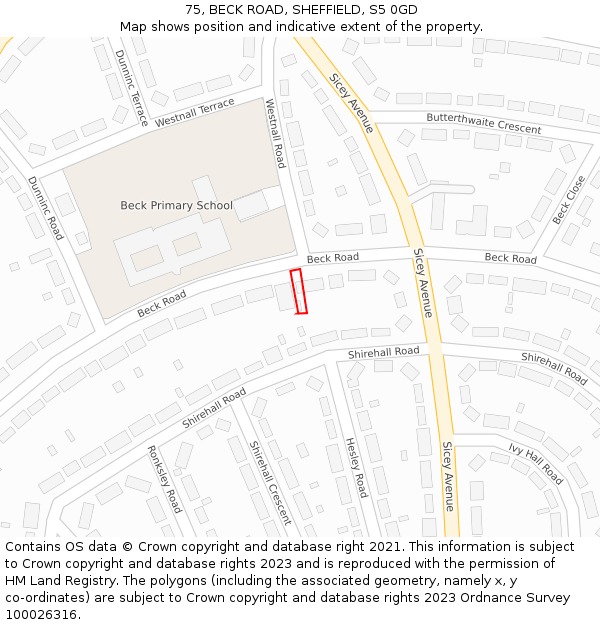 75, BECK ROAD, SHEFFIELD, S5 0GD: Location map and indicative extent of plot