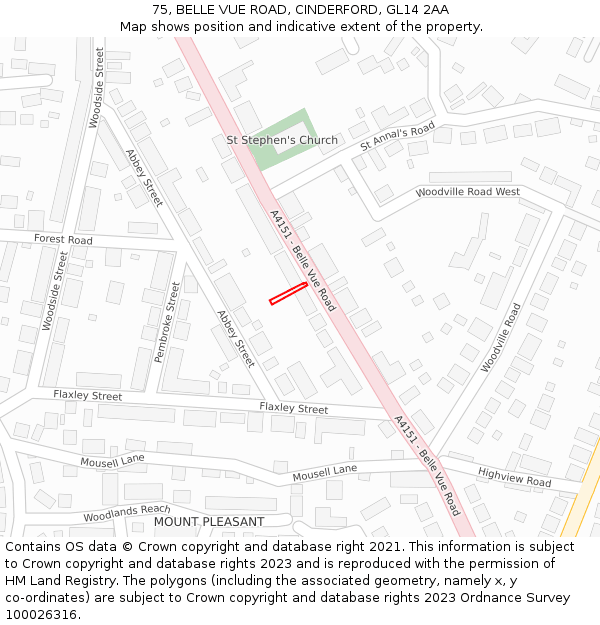 75, BELLE VUE ROAD, CINDERFORD, GL14 2AA: Location map and indicative extent of plot