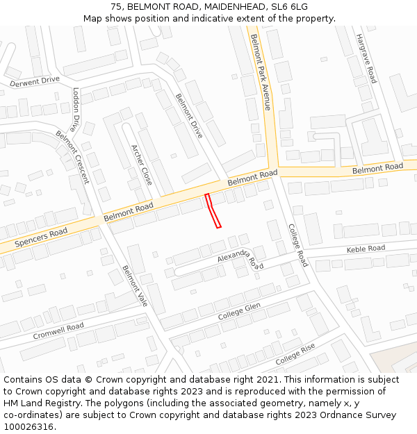 75, BELMONT ROAD, MAIDENHEAD, SL6 6LG: Location map and indicative extent of plot