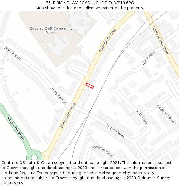 75, BIRMINGHAM ROAD, LICHFIELD, WS13 6PG: Location map and indicative extent of plot