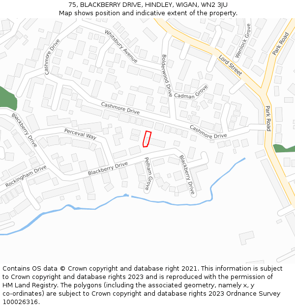 75, BLACKBERRY DRIVE, HINDLEY, WIGAN, WN2 3JU: Location map and indicative extent of plot