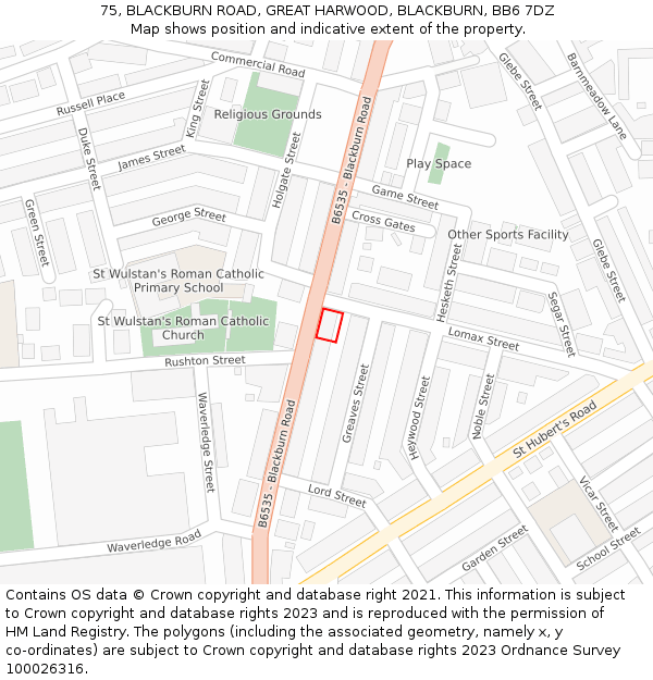 75, BLACKBURN ROAD, GREAT HARWOOD, BLACKBURN, BB6 7DZ: Location map and indicative extent of plot