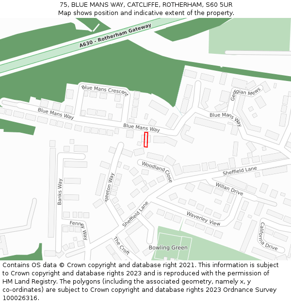 75, BLUE MANS WAY, CATCLIFFE, ROTHERHAM, S60 5UR: Location map and indicative extent of plot