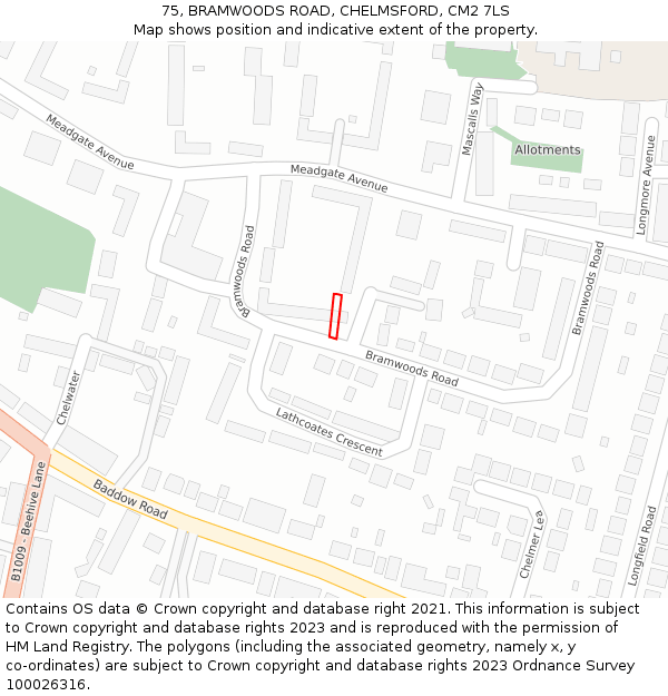 75, BRAMWOODS ROAD, CHELMSFORD, CM2 7LS: Location map and indicative extent of plot