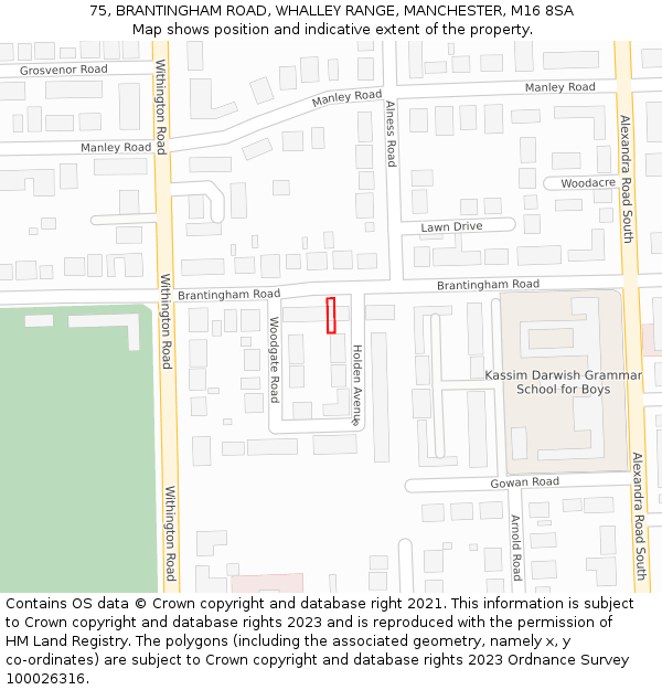 75, BRANTINGHAM ROAD, WHALLEY RANGE, MANCHESTER, M16 8SA: Location map and indicative extent of plot