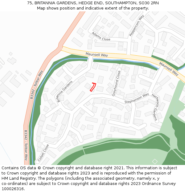 75, BRITANNIA GARDENS, HEDGE END, SOUTHAMPTON, SO30 2RN: Location map and indicative extent of plot