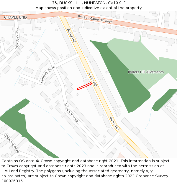 75, BUCKS HILL, NUNEATON, CV10 9LF: Location map and indicative extent of plot
