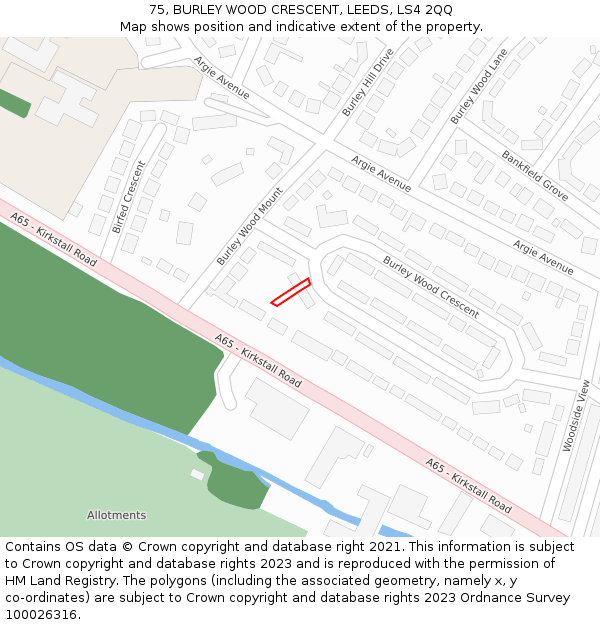 75, BURLEY WOOD CRESCENT, LEEDS, LS4 2QQ: Location map and indicative extent of plot