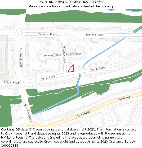 75, BURNEL ROAD, BIRMINGHAM, B29 5SS: Location map and indicative extent of plot