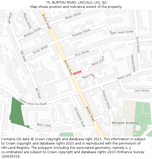 75, BURTON ROAD, LINCOLN, LN1 3JZ: Location map and indicative extent of plot