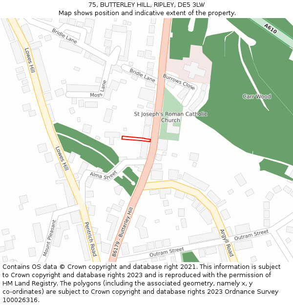 75, BUTTERLEY HILL, RIPLEY, DE5 3LW: Location map and indicative extent of plot