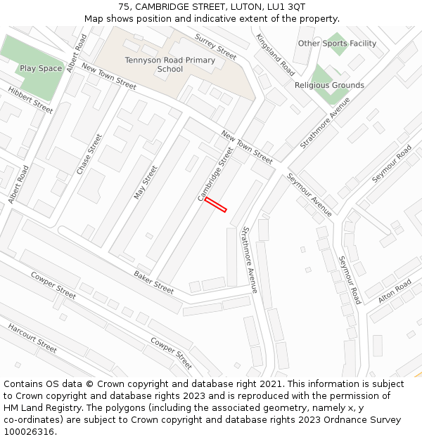 75, CAMBRIDGE STREET, LUTON, LU1 3QT: Location map and indicative extent of plot
