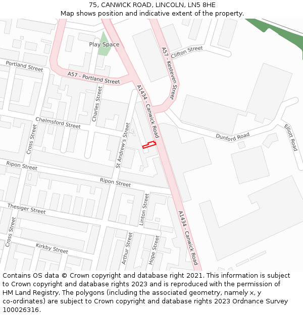 75, CANWICK ROAD, LINCOLN, LN5 8HE: Location map and indicative extent of plot