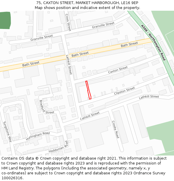 75, CAXTON STREET, MARKET HARBOROUGH, LE16 9EP: Location map and indicative extent of plot