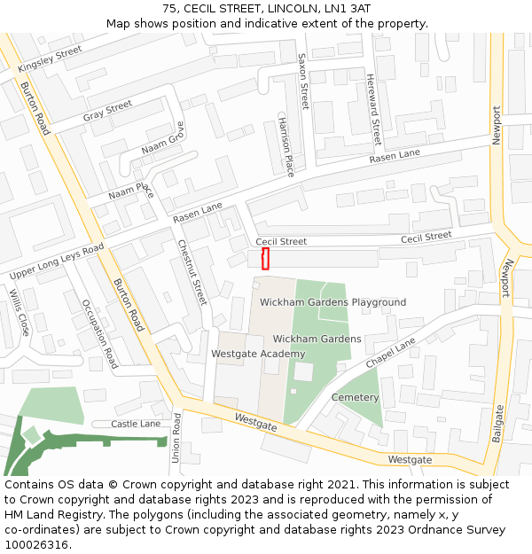 75, CECIL STREET, LINCOLN, LN1 3AT: Location map and indicative extent of plot