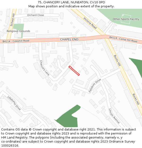 75, CHANCERY LANE, NUNEATON, CV10 0PD: Location map and indicative extent of plot