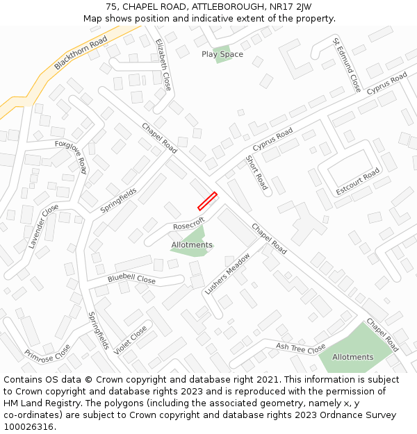 75, CHAPEL ROAD, ATTLEBOROUGH, NR17 2JW: Location map and indicative extent of plot