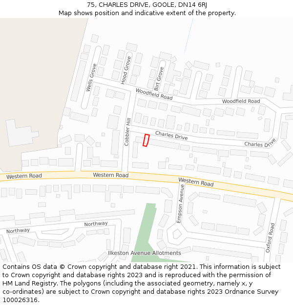 75, CHARLES DRIVE, GOOLE, DN14 6RJ: Location map and indicative extent of plot