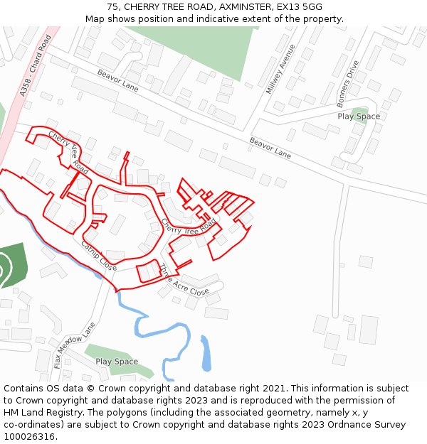 75, CHERRY TREE ROAD, AXMINSTER, EX13 5GG: Location map and indicative extent of plot