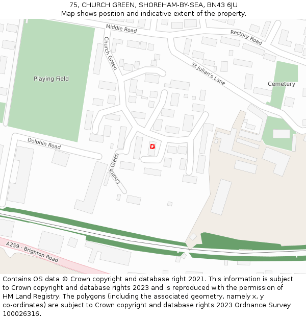 75, CHURCH GREEN, SHOREHAM-BY-SEA, BN43 6JU: Location map and indicative extent of plot