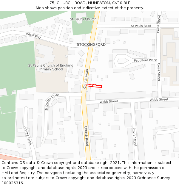 75, CHURCH ROAD, NUNEATON, CV10 8LF: Location map and indicative extent of plot
