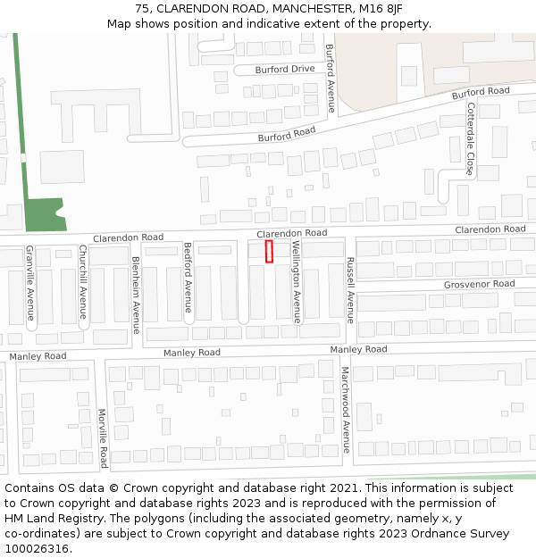 75, CLARENDON ROAD, MANCHESTER, M16 8JF: Location map and indicative extent of plot