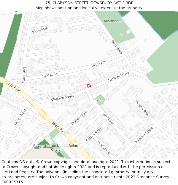 75, CLARKSON STREET, DEWSBURY, WF13 3DP: Location map and indicative extent of plot