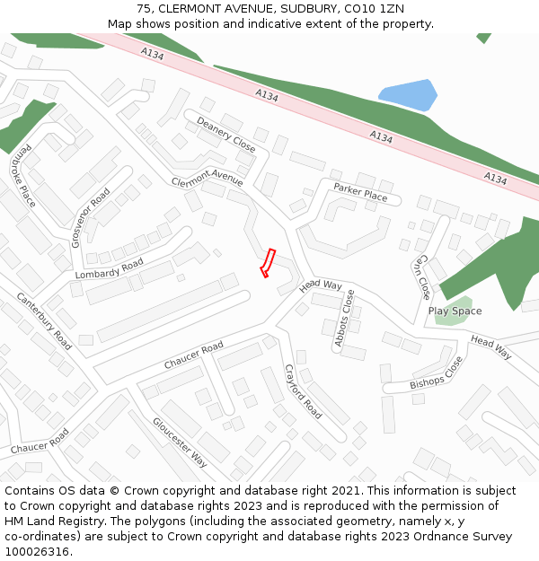 75, CLERMONT AVENUE, SUDBURY, CO10 1ZN: Location map and indicative extent of plot