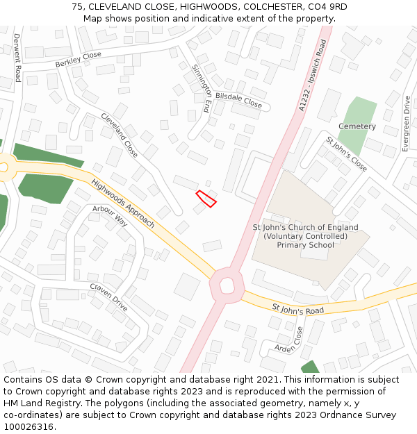 75, CLEVELAND CLOSE, HIGHWOODS, COLCHESTER, CO4 9RD: Location map and indicative extent of plot