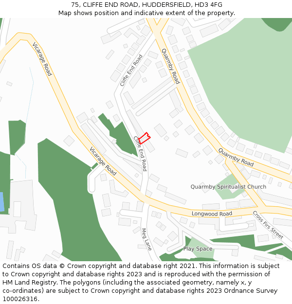 75, CLIFFE END ROAD, HUDDERSFIELD, HD3 4FG: Location map and indicative extent of plot