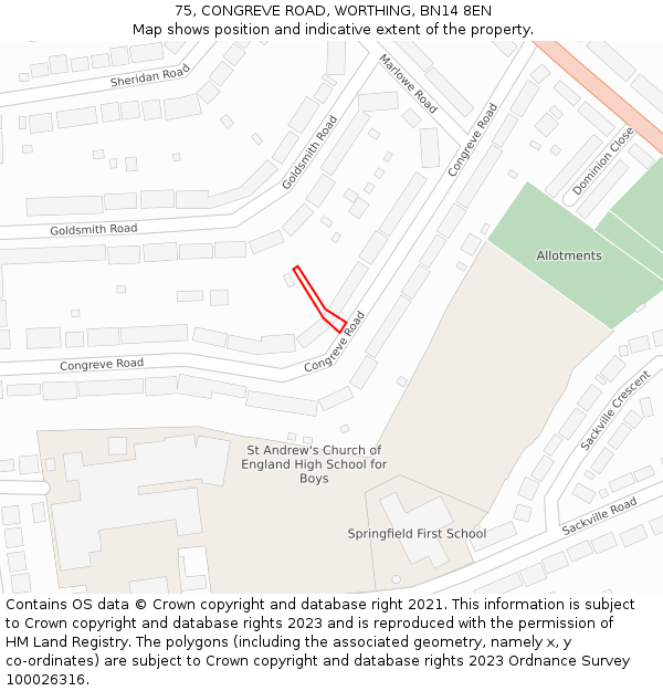75, CONGREVE ROAD, WORTHING, BN14 8EN: Location map and indicative extent of plot