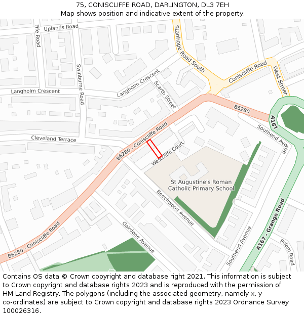 75, CONISCLIFFE ROAD, DARLINGTON, DL3 7EH: Location map and indicative extent of plot