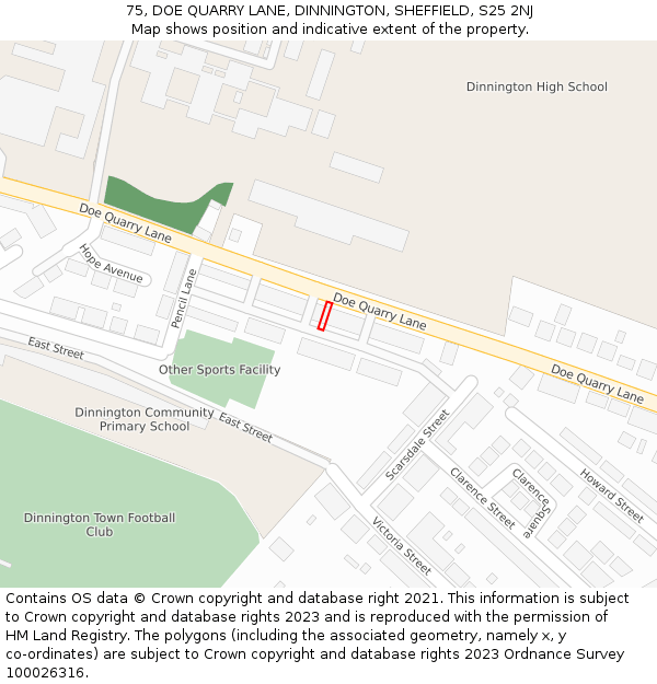 75, DOE QUARRY LANE, DINNINGTON, SHEFFIELD, S25 2NJ: Location map and indicative extent of plot