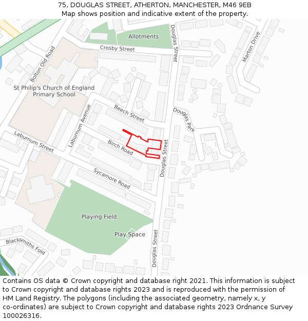 75, DOUGLAS STREET, ATHERTON, MANCHESTER, M46 9EB: Location map and indicative extent of plot